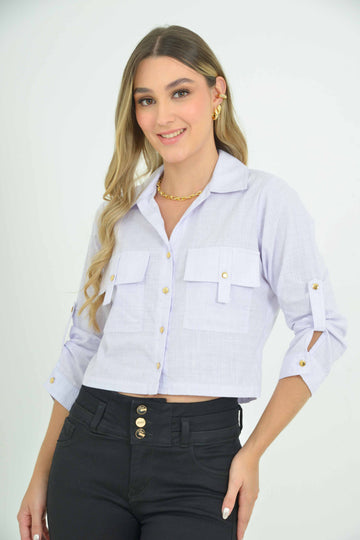 Camisera corta de rayas con bolsillos 010116406