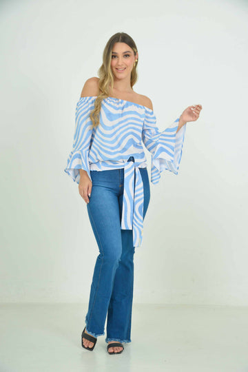 Blusa estampado de ondas, tipo campesina, de anudar en frente con manga mariposa  0103611608