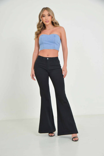 Crop top straple en denim con escote corazón y amarre tipo corset en espalda 011916122