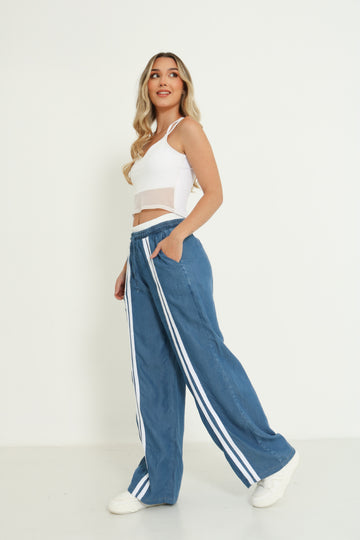 Pantalón en chambray con doble pretina y rayas blancas 1116024239