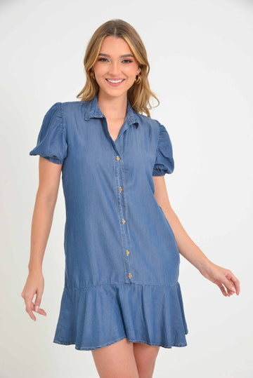 Vestido corto en chambray cuello camisero manga bombacha 2216024149