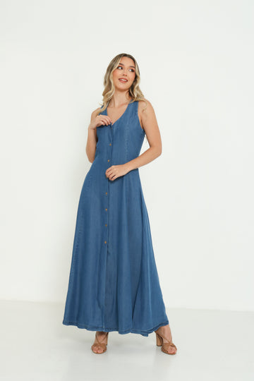 Vestido largo en chambray con botones en frente 2216024302